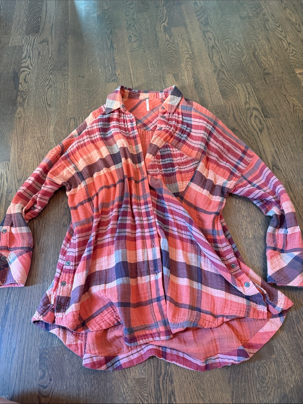 Free People Year Round Orange Plaid Oversized Button Down Long Sleeve Top Small